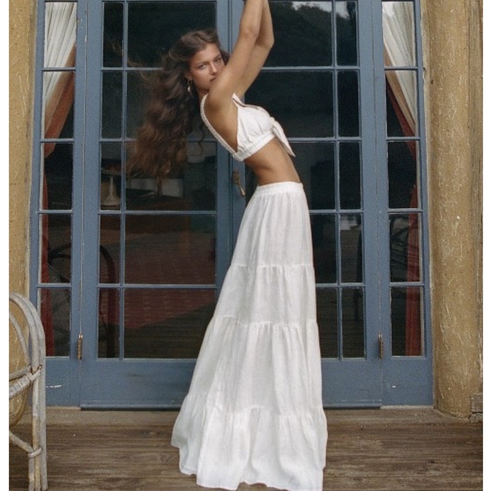 Spell White Tiered Maxi Skirt Linen